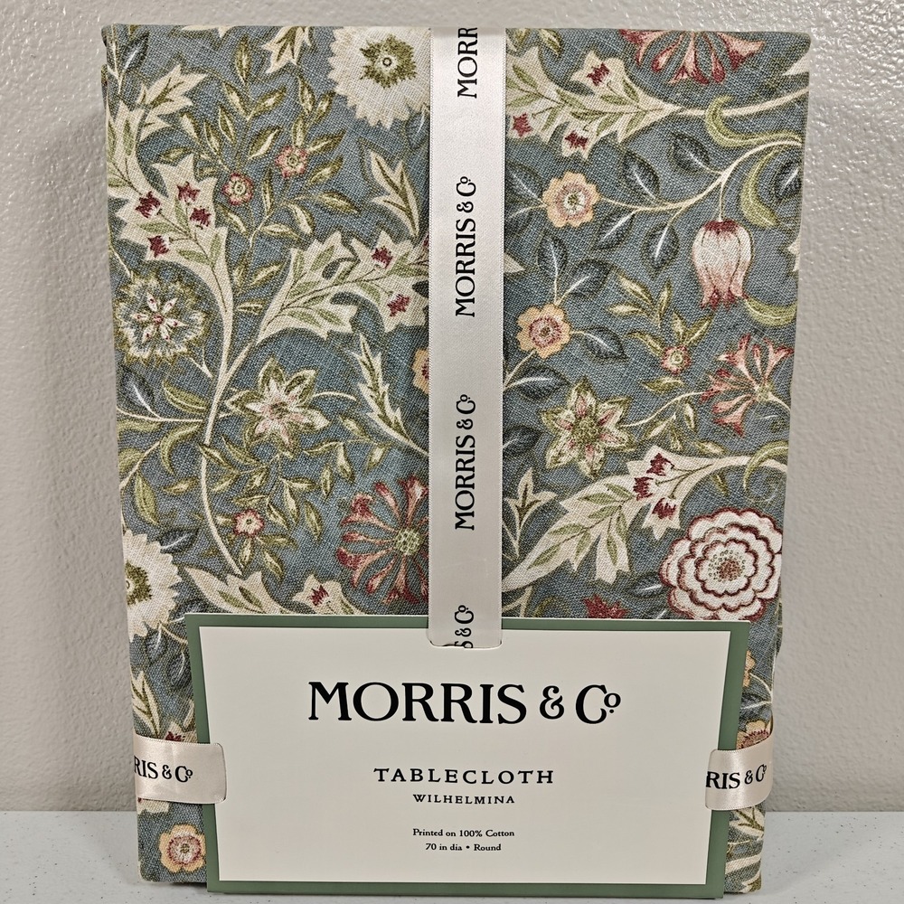 Morris & Co Wilhelmina Tablecloth 70" Round Blue Green Floral Cotton NWT